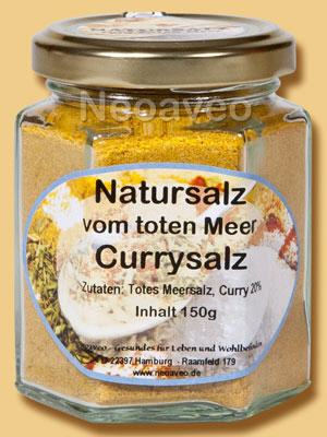 Totes Meer Salz mit Curry zum Würzen von Speisen mit Natursalz und Currynote