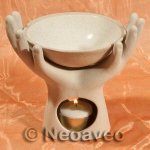 H�nde, keramische Aromalampe, Duftlampe, sandfarben, glasierte Aromaschale