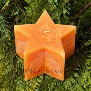Sternkerze Orange, Trendkerze mit leuchtender Farbe und geeistser Oberfl�che. Auf satten Gr�n von Tanne oder Thuja kommt diese Trendkerze besonders zur Geltung. Durchmesser 7cm.