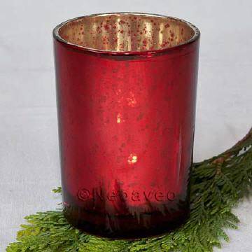 Verwandlungskünstler Windlicht Antik Rot 10 cm, teiltransparent, Goldschimmer, kleine Stumpenkerze, Maxi Teelicht