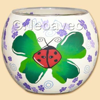 Leuchtglas Marienk�fer 11 cm, schlichtes Motiv mit Kleeblat und Marienk�fer, f�r das Fr�hjahr oder den Sommer.