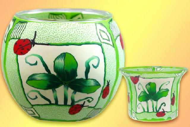 Leuchtglas und Teelichtglas Grüne Blätter