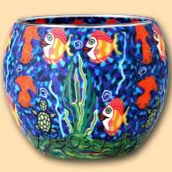 Leuchtglas,0 11cm, Aquarium, Kerzenfarm Hahn, bunt leuchtende Fischen, Wasserpflanzen, blau leuchtender Untergrund.
