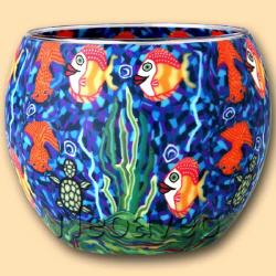 Leuchtglas,0 11cm, Aquarium, Kerzenfarm Hahn, bunt leuchtende Fischen, Wasserpflanzen, blau leuchtender Untergrund.