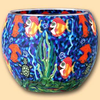 Leuchtglas,0 11cm, Aquarium, Kerzenfarm Hahn, bunt leuchtende Fischen, Wasserpflanzen, blau leuchtender Untergrund.