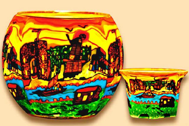 Englisches Dorf - Leuchtglas und Teelichtglas