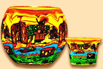 Leuchtglas Englisches Dorf  mit Teelichtglas von Kerzenfarm Hahn mit strahlend leuchtendem Motiv.