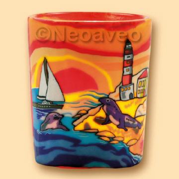 Meeresküste Leuchtglas Votivglas von Kerzendarm Hahn, mit maritimer Sommerstimmung, Segelboot, Seehund am Strand. Fürr Votivkerze oder LED-Teelicht.