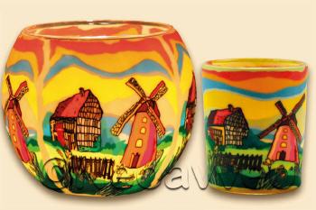 Leuchtglas und Votivglas Landleben, Leben auf dem Land, Fachwerkhaus, Windm�hle, Kerzenfarm hahn