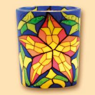 Buntglas Leuchtglas Votivglas von Kerzenfarm Hahn mit leuchtendem Stern. Durch Votivkerze oder LED-Teelicht erhellt, ein bunt leuchtender Moment.