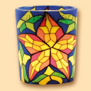 Buntglas Leuchtglas Votivglas von Kerzenfarm Hahn mit leuchtendem Stern. Durch Votivkerze oder LED-Teelicht erhellt, ein bunt leuchtender Moment.