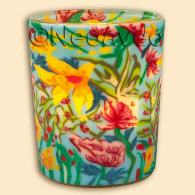 Tropischen Blumen Leuchtglas Votivglas. Sehr farbreiches Windlicht mit einem Ausschnitt der Bl&uuml;tenvielfalt der Tropen. F&uuml;r dieses Kerzenglas von Kerzenfarm Hahn ist auch das passende Leuchtglas erh&auml;ltlich.