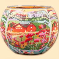 Haus zum Tr&auml;umen 15 cm XL Leuchtglas von Kerzenfarm Hahn, mit Sommerlandschaft, knallrotem Klatschmohn  und rotem Haus zum das zum Tr&auml;umen einl&auml;dt.