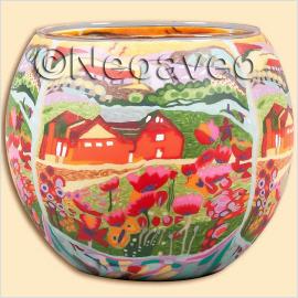 Leuchtglas, Leuchtgl�ser, 11cm, Haus zum Tr�umen, Kerzenfarm Hahn, rotes Haus, bunte Landschaft