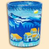 6 cm Leuchtglas Votivglas von Kerzenfarm Hahn, mit Winternacht in den Bergen. Das Motiv A Mountains Winternight zeigt schneebedeckte Berggipfel, Vollmond am Himmel und beleuchtet H�user im Tal