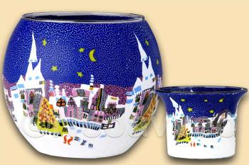 11 cm Leuchtglas und 6 cm Teelichtglas Winterzeit, Sterne am Himmel, Halbmond, Kirchturm, Kerzenfarm Hahn