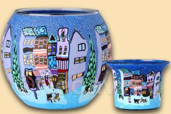 11 cm Leuchtglas und 6 cm Teelichtglas Winterstadt, Stadth�user im Schnee, Pferdeschlitten, spielende Kinder, Kerzenfarm Hahn