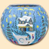 Winter15 cm XL Leuchtglas von Kerzenfarm Hahn mit Winterstimmung, Schneefall, Sternen und bunten Tannenb�umen. Gro�es Motivglas mit winterlicher Stimmung im Wald mit Schneefall, Sternen am Himmel und spielenden Kindern. F�r Maxi Teelicht, LED-Teelicht. Motivglas mit winterlicher Stimmung im Wald.