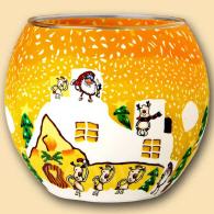 Leuchtglas Weihnachtscomic 11 cm mit Wachsf&uuml;llung, lustiger Weihnachtsmann, auf dem schneebedeckten Dach, Kerzenfarm Hahn