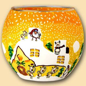 Leuchtglas Weihnachtscomic 11 cm mit Wachsf�llung, lustiger Weihnachtsmann, auf dem schneebedeckten Dach, Kerzenfarm Hahn