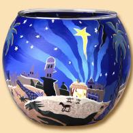 11 cm Leuchtglas Bethlehem, nach &uuml;berlieferter Geschichte der Geburtsort von Jesus Christus. Stilvolle Darstellung mit hell leuchtendem Stern von Bethlehem am Himmel. Leuchtglas 11cm, von Kerzenfarm Hahn.