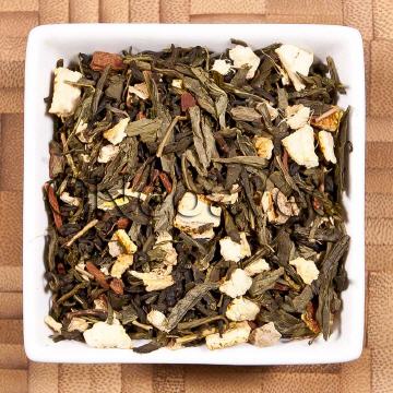 Kashmir Tee, Grüner Tee aus China aromatisiert mit Gewürznelken, Cassia, Ingwerstücken. Den spritzigen Touch geben Orangenschalen dazu.