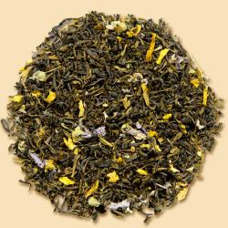 Darjeeling Fr&uuml;hlingstraum Gr&uuml;ner Tee mit feoin gerolltem Blatt. Optisch verfeinert mitr Bl&uuml;tenbl&auml;ttern von blauer Malve und Sonnenblume.