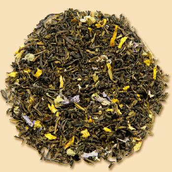 Darjeeling Fr�hlingstraum Gr�ner Tee mit feoin gerolltem Blatt. Optisch verfeinert mitr Bl�tenbl�ttern von blauer Malve und Sonnenblume.