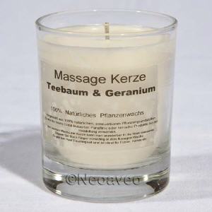Massagkerze Teebaum und Geranium, lieblicher Bl�tenduft mit balsamischem Teebaum�l, auf nat�rlicher Basis hergestellt