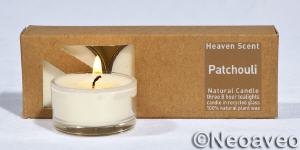 3 Patchouli Natur Glas Duftteelichter aus nahcwachsenden Rohstoffen, hergestellt von Heaven Scent.