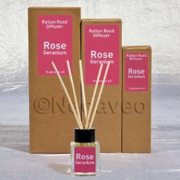 Natur Raumbedufter mit Rattanst&auml;bchen. Duft Rose und Geranium. Unaufdringlich, dezent. Angenhem im Duftprofil.