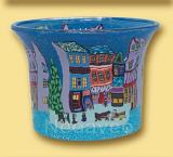 Teelichtglas Altstadt 6 cm, mit Stadt-Silhuette, Pferdekutsche, Pferdegespann und Menschen in der Altstadt. In Handarbeit hergestelltes, farbiges Motiv nach Vorlage.