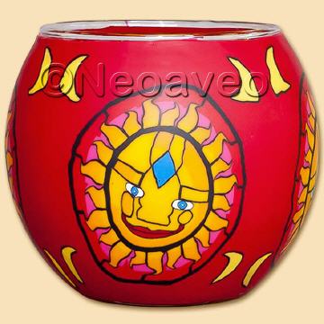 Leuchtglas Aztekensonne 11cm, leuchtende, gelbe Sonne. Intensives Rot und Gelb strahlen besonders am Abend.