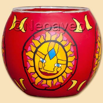 Leuchtglas Aztekensonne 11cm, leuchtende, gelbe Sonne. Intensives Rot und Gelb strahlen besonders am Abend.