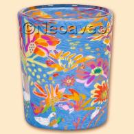 Dream of Blossom - Bl&uuml;tentraum Leuchtglas Votivglas von Kerzenfarm Hahn, mit bunt leuchtendem Bl&uuml;tenmeer von Sommerbl&uuml;ten auf blauem Untergrund. Kleines Windlicht, passend zur XXL Leuchglas Lampe und anderen Leuchtgl&auml;sern aus der Leuchtglasserie. Hier online bestellen.
