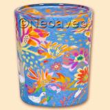 Dream of Blossom - Bl�tentraum Leuchtglas Votivglas von Kerzenfarm Hahn, mit bunt leuchtendem Bl�tenmeer von Sommerbl�ten auf blauem Untergrund. Kleines Windlicht, passend zur XXL Leuchglas Lampe und anderen Leuchtgl�sern aus der Leuchtglasserie. Hier online bestellen.