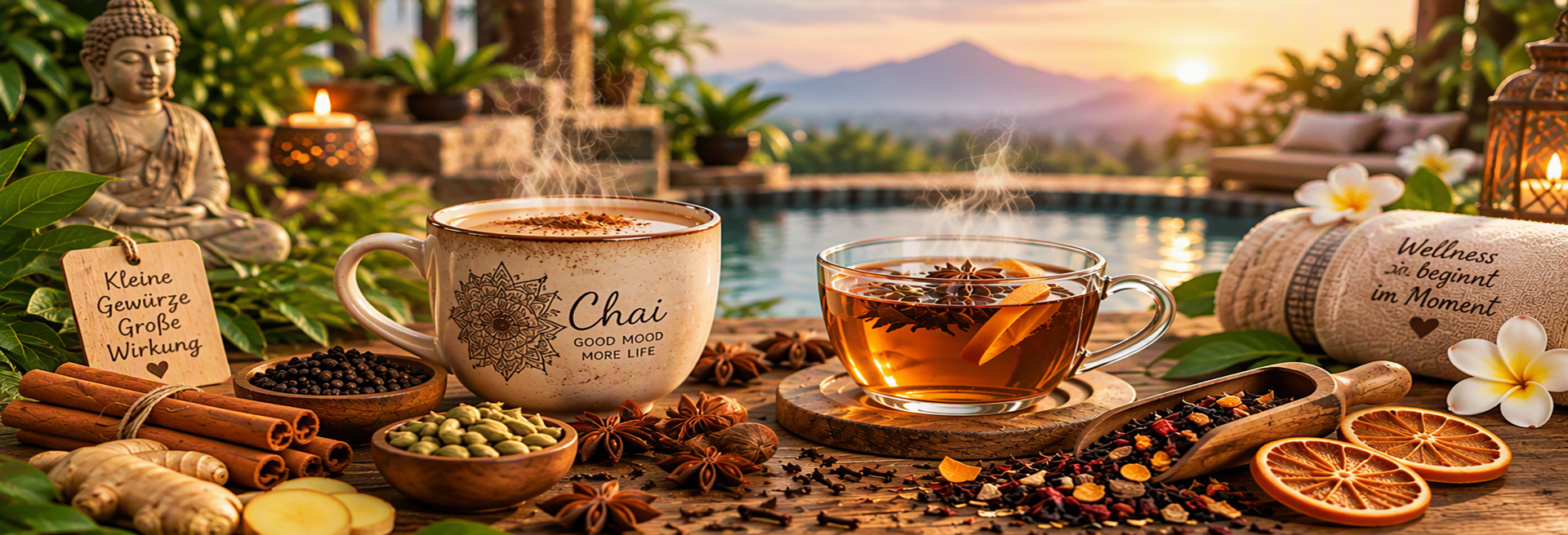 Dampfender Chai Tee und Gew&uuml;rztee mit Zimt, Kardamom und Sternanis in entspannender Wellnessatmosph&auml;re.