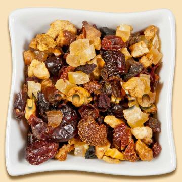 Säurearmer Früchtetee mit großfruchtiger Moosbeere Cranberry und typisch süß-säuerlichen Aroma. Dazu passt fruchtiger Granatapfel als Kombination hervorragend.