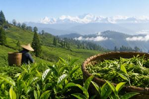 Frisch gepfl�ckte Darjeeling First Flush Teebl�tter in einem Teekorb auf einer gr�nen Plantage mit Himalaya-Bergen im Hintergrund.