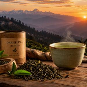 Dampfende Tasse mit gr�nem Darjeeling-Tee und losem Blatttee im Vordergrund, vor einer beeindruckenden Himalaya-Berglandschaft bei Sonnenuntergang.