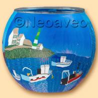 Leuchtglas Fischkutter beim Auslaufen aus dem Hafen zum Fischfang, Windlicht, maritimes Motiv, Leuchtturm, K&uuml;stenmotiv, Windlicht, Fischerei