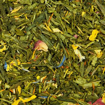 Grüner Tee mit natürlichen oder zugesetzen Aromen aromatisiert.