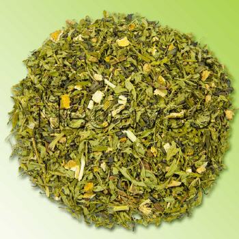 Hanf Kashmiri Grüner Tee mit krautiger Note und sanften Gewürznelken mit Ingwer und Orange.