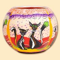 Leuchtglas Zwei sitzende Katzen auf dem XL 15 cm Leuchtglas, f&uuml;r Maxi Teelicht oder LED-Teelichter, ein Leuchtglas von Kerzenfarm Hahn zum verschenken.