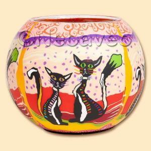 Leuchtglas Zwei sitzende Katzen auf dem XL 15 cm Leuchtglas, für Maxi Teelicht oder LED-Teelichter, ein Leuchtglas von Kerzenfarm Hahn zum verschenken.