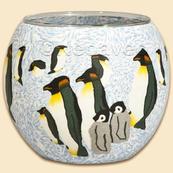 Leuchtglas von Kerzenfarm Hahn, 11 cm -  K�nigspinguine. In Handarbeit hergestelltes, farbiges Wintermotiv.