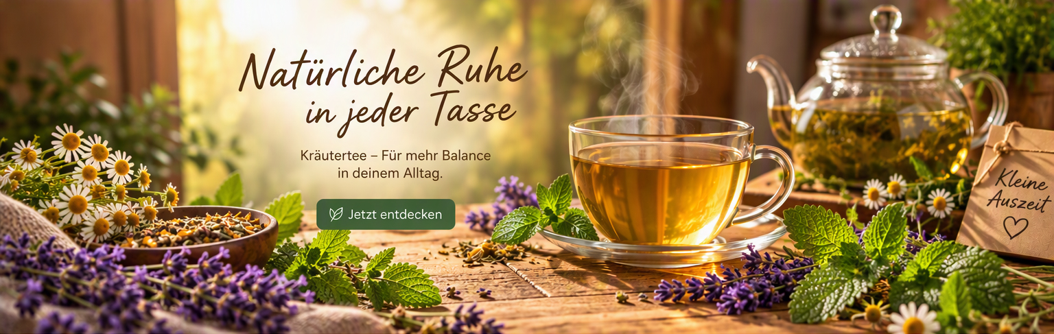 Kräutertee in dampfender Tasse, frischen Kräutern und warmer Atmosphäre, natürlicher Wellness Tee für Entspannung und Genuss.