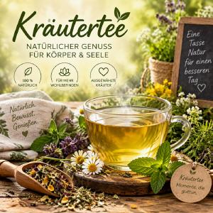 Kr�utertee mit dampfender Glastasse, frischen Kr�utern, Kamillenbl�ten und nat�rlicher Wellness-Atmosph�re auf rustikalem Holztisch. Aromatischer Kr�uteraufguss f�r Entspannung und Wohlbefin
