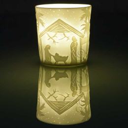 Krippe Lithophanie Windlicht Votivbecher aus Porzellan, Starlights Windlichter, Kerzenfarm Hahn