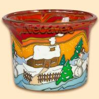 Leuchtglas Teelicht Glas mit Motiv Landhaus im Schnee. Am Abend intensiv leuchtendes Kerzenglas von Kerzenfarm Hahn.